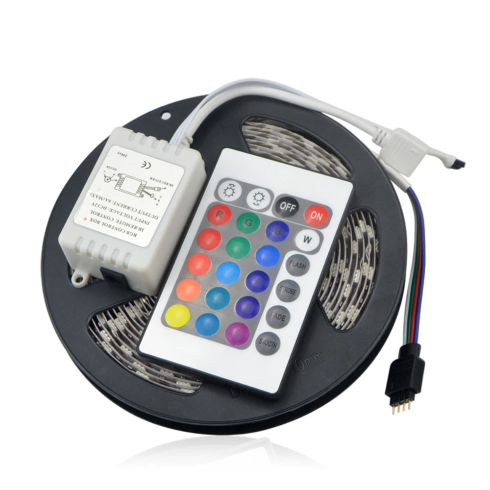 12V Flexible RGB LED Light Strip Kit, 300 Units 5050 LEDs Non-Waterproof , 24Key Remote Controller , LED Tape Pack of 16.4ft/5m
12V Flexible RGB LED Light Strip Kit, 300 Units 5050 LEDs Non-Waterproof , 24Key Remote Controller , LED Tape Pack of 16.4ft/5m