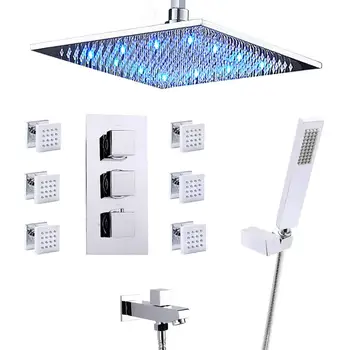 Chrome Thermostatic Shower Systems with Body Sprays and Tub Spout, 16" LED Rain Showerhead and Handheld shower Combo Sets 
Chrome Thermostatic Shower Systems with Body Sprays and Tub Spout, 16" LED Rain Showerhead and Handheld shower Combo Sets