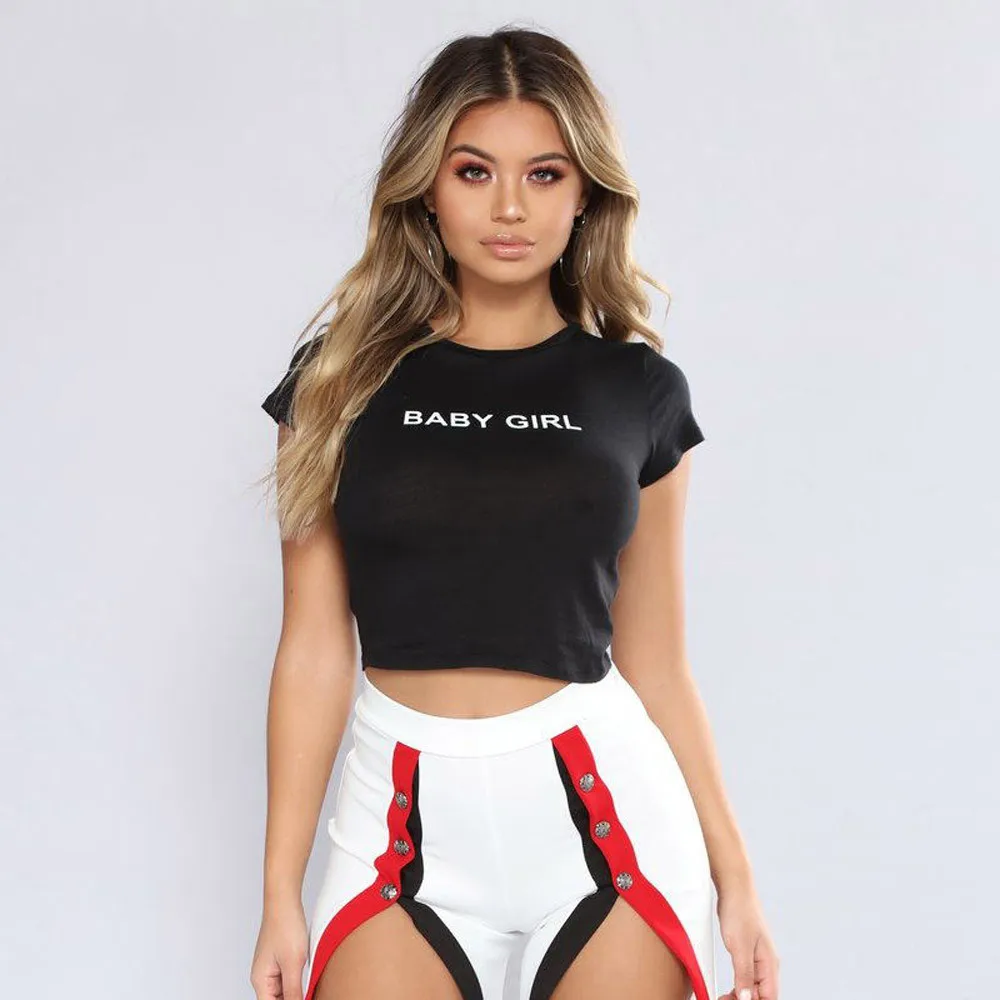 Summer Women Short T-Shirt Sexy Casual Letter Printed Short Sleeve Top Crop Tops Shirt Women Clothing Slim
Summer Women Short T-Shirt Sexy Casual Letter Printed Short Sleeve Top Crop Tops Shirt Women Clothing Slim