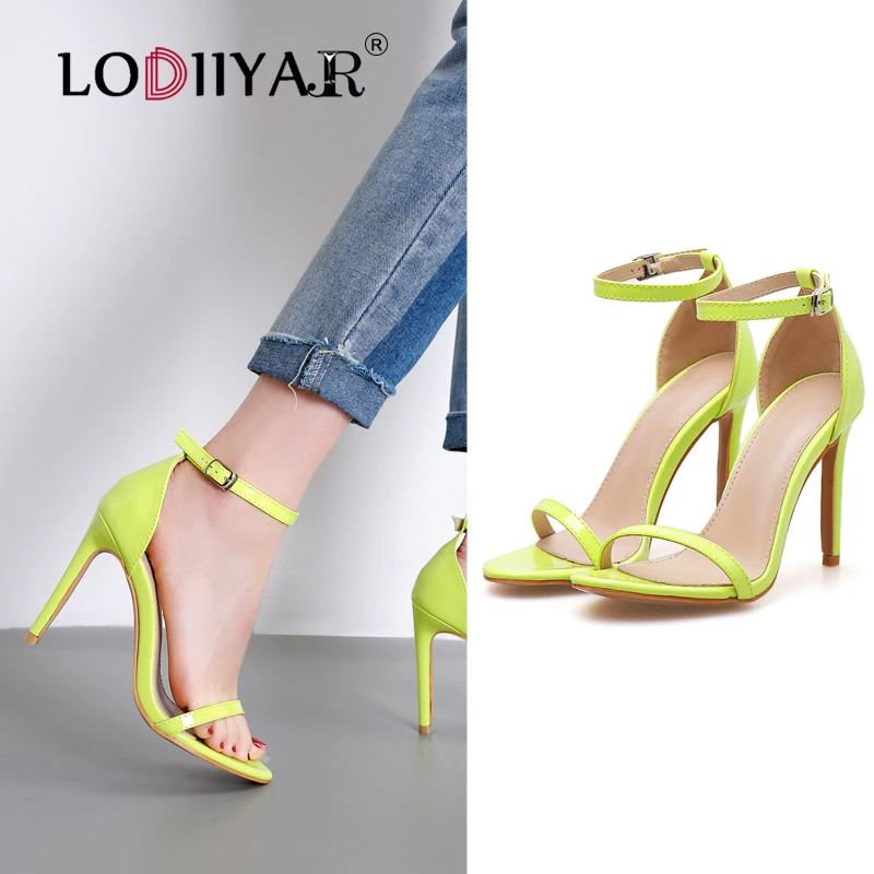 

Women Shoes Super High Heels Neon Green Ankle Strappy Open Toe One Word Buckle Stiletto Sandals Sexy Party Dress Shoes Plus Size