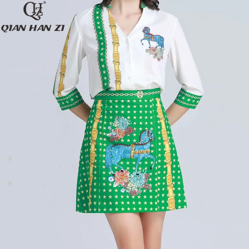Qian Han Zi newest Designer Fashion Casual 2 Piece Set V-neck print womens tops and blouses+printed Beading mini skirt Suit sets
Qian Han Zi newest Designer Fashion Casual 2 Piece Set V-neck print womens tops and blouses+printed Beading mini skirt Suit sets
