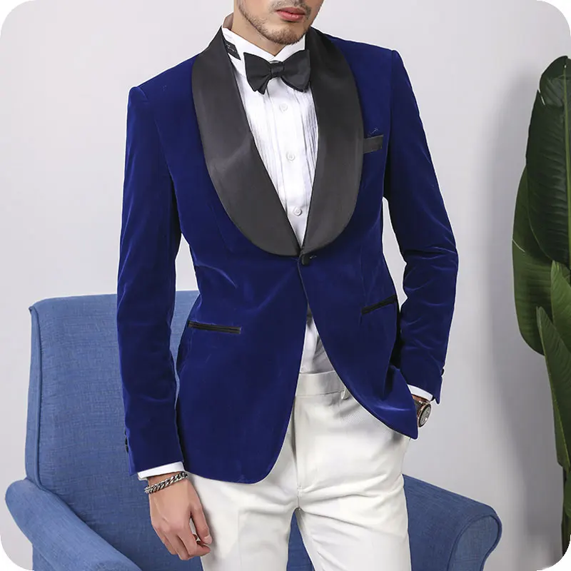Royal Blue Velvet Prom Suits Smoking Jacket Men Suits for Wedding Black Shawl Lapel Slim Fit Costume Homme Groom Tuxedos 2Piece 
Royal Blue Velvet Prom Suits Smoking Jacket Men Suits for Wedding Black Shawl Lapel Slim Fit Costume Homme Groom Tuxedos 2Piece