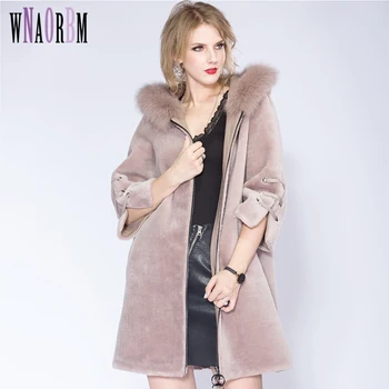 

WNAORBM Sheep Sheared Fur Coat Fashion Women Young Sheepskin Inside Fox Collar Short Sleeve Back Zipper Leisure Natural Fur