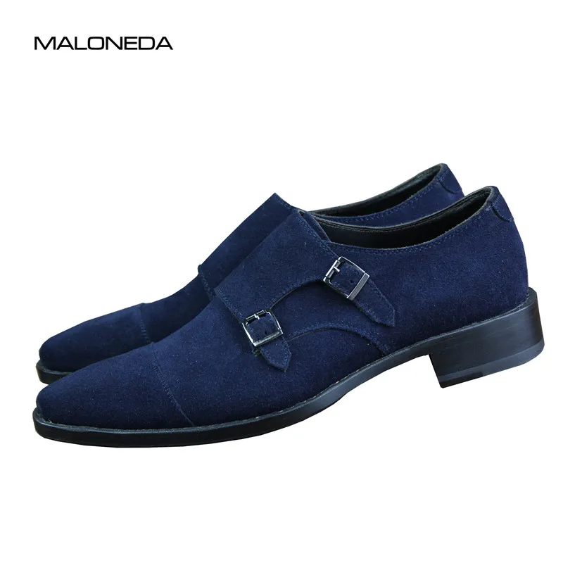 

MALONEDA Bespoke Blue Color Genuine Leather Suede Shoes Double Monk Straps with Goodyear Welted Casual Slip On Shoe