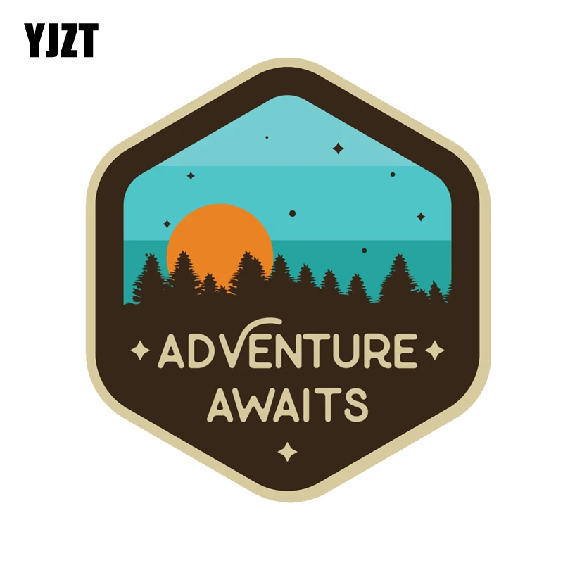 

YJZT 12.6CM*13.7CM Adventure Awaits Sunset Camping Travel Decal PVC Motorcycle Car Sticker 11-00760