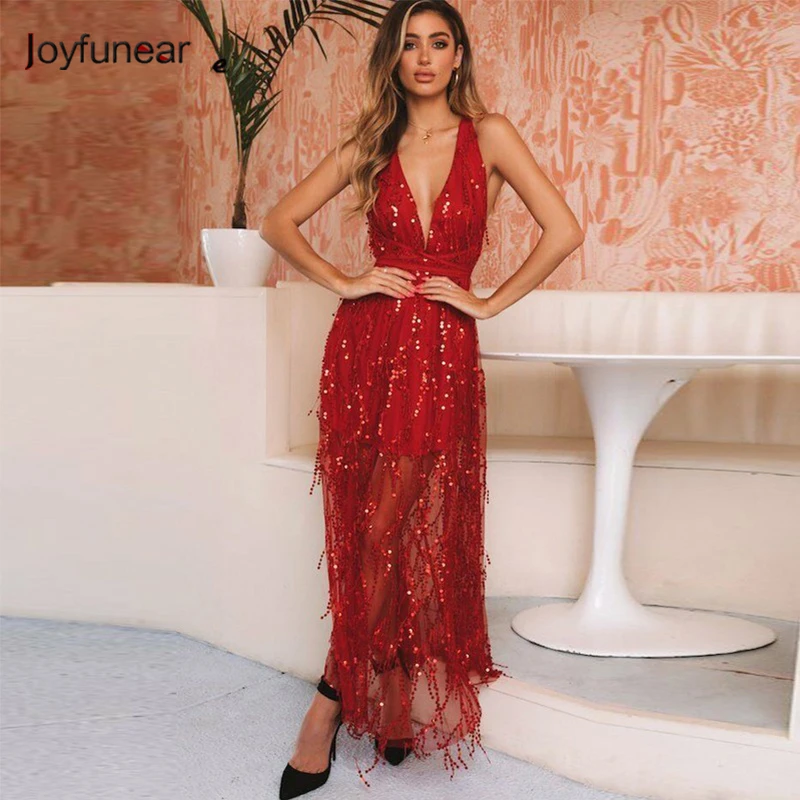 

Joyfunear Women Summer Dress Mesh Sequin Elegant Fringe Maxi Boho Chic Ladies Dress Red Deep V Backless Lace Tassel Dresses Robe