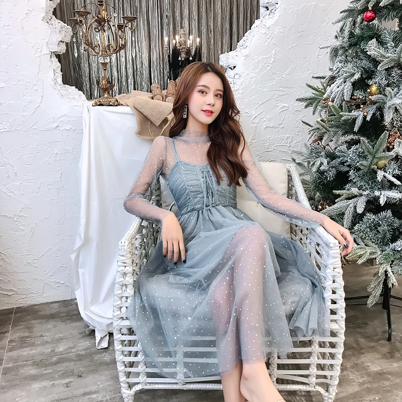 2019 New Spring summer Women Korea Style Three Quarter mesh Dress Sweet Slim robe longue femme Celebrity evening gown
2019 New Spring summer Women Korea Style Three Quarter mesh Dress Sweet Slim robe longue femme Celebrity evening gown