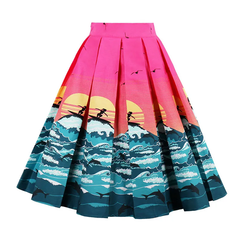 Kostlish Retro Print Flower Summer Skirts Womens 2017 High Waist Vintage Skirt Elegant A-Line Midi Women Skirt Plus Size XXL 22 (78)