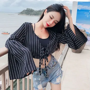EFINNY Ladies Lace Up Crop Top Female Shirt Women's V Neck Striped Print Short Blouse
EFINNY Ladies Lace Up Crop Top Female Shirt Women's V Neck Striped Print Short Blouse