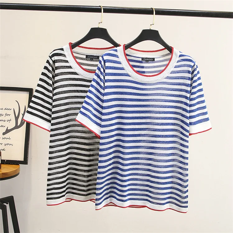 Oversized Summer New Sweet Elegant Women T-shirt Navy Striped Ice Silk Knitted Top Girl Casual Loose High Quality Tshirts
Oversized Summer New Sweet Elegant Women T-shirt Navy Striped Ice Silk Knitted Top Girl Casual Loose High Quality Tshirts