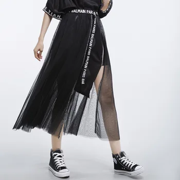 Women Summer Mesh Spliced Letter Sashe Irregular Black White Skirt Female Streetwear Punk Gothic Loose Casual Long Pleated Skirt
Women Summer Mesh Spliced Letter Sashe Irregular Black White Skirt Female Streetwear Punk Gothic Loose Casual Long Pleated Skirt