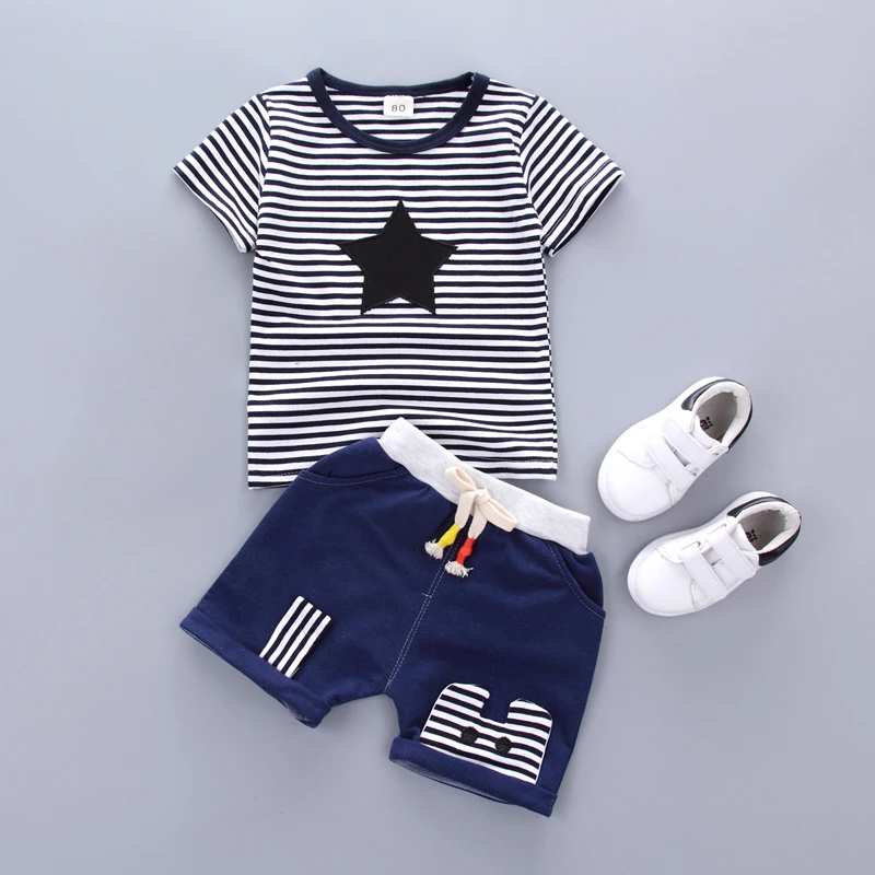 

BibiCola 2018 summer newborn boy summer clothing sets cotton striped short sleeve top+shorts 2pcs suit for bebe tracksuit