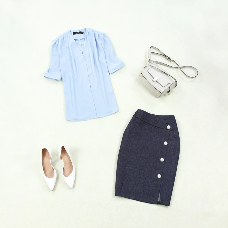 2019 female large size summer new light blue half sleeve chiffon blouse small shirt denim pencil skirt suit
2019 female large size summer new light blue half sleeve chiffon blouse small shirt denim pencil skirt suit