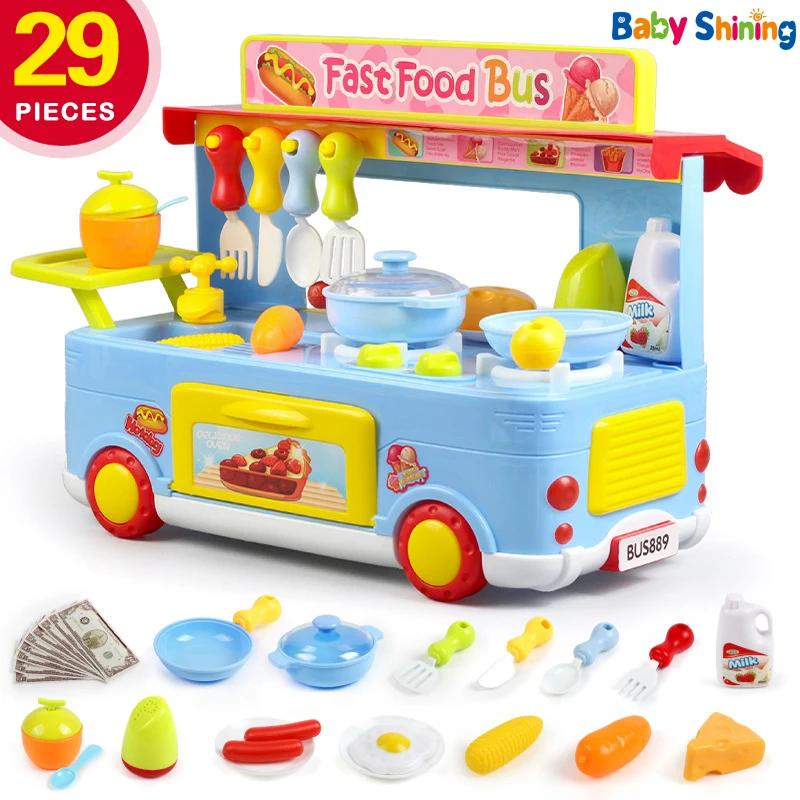 Baby Shining Pretend Play Kitchen Toy fast food Bus Boys and Girls Light effect and sound kitchen utensils for 3-6Y Pretend Toys
Baby Shining Pretend Play Kitchen Toy fast food Bus Boys and Girls Light effect and sound kitchen utensils for 3-6Y Pretend Toys