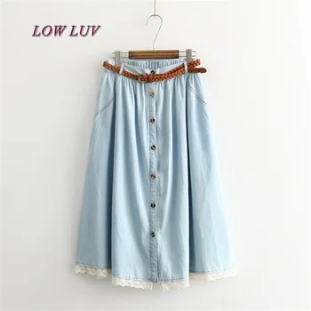 Summer 2017 Women Cotton Denim Skirt Femme Mori Girl Style Lace Patchwork Single Breasted Pleated Jean Skirt Long Saias Belted
Summer 2017 Women Cotton Denim Skirt Femme Mori Girl Style Lace Patchwork Single Breasted Pleated Jean Skirt Long Saias Belted