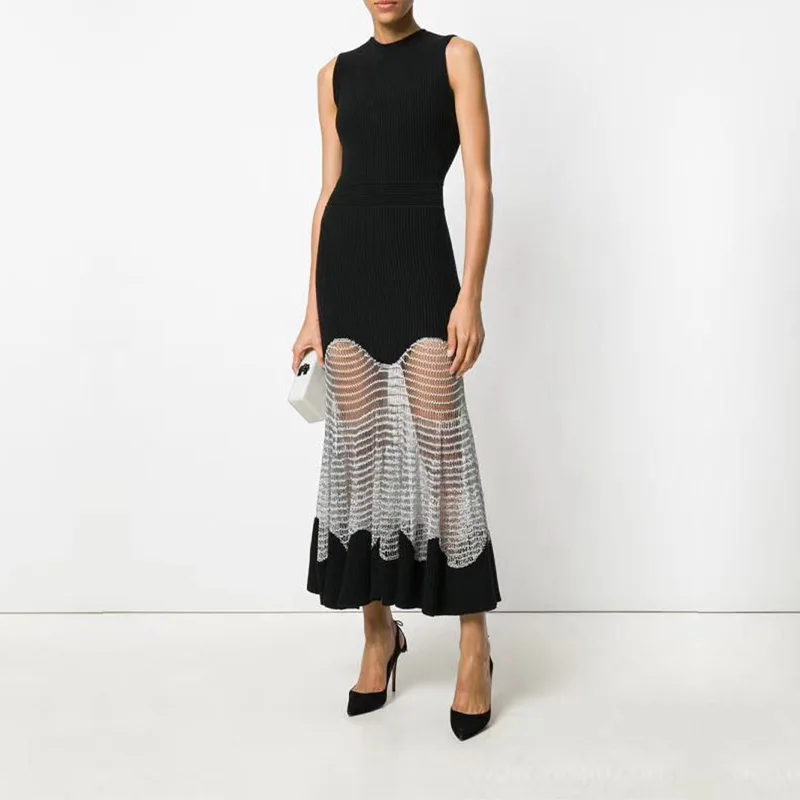 2018 New Arrival Women Bandage Dress Fashion Black Sleeveless Elegant Silver Mesh Patchwork Evening Party Dress Vestido De Festa