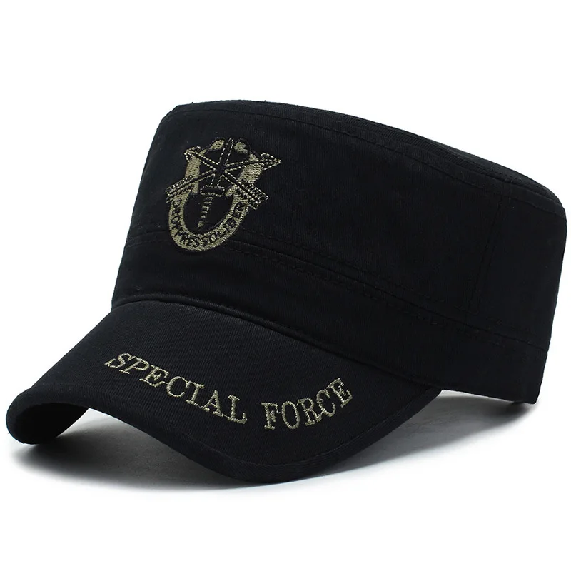 Men's Spring and Autumn Cotton Military Hat with Embroidered Badge Sword Letter Curved bill Vintage Flat Kepi Camo Cap Black |