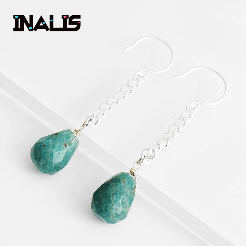 

INALIS New Statement Unique Drop Earrings S925 Sterling Silver Chain Ear Hook with Waterdrop Natural Green Stone Dangle Brincos