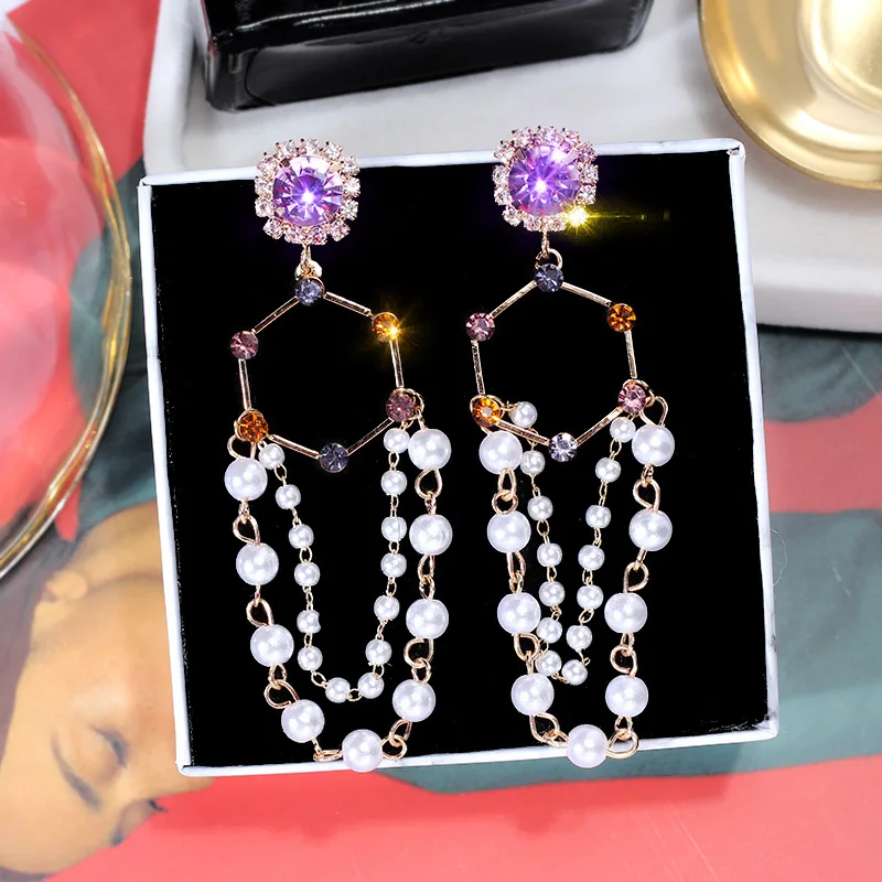 2019 New Korean Fashion Purple Crystal Pearl Long Tassel Earrings Exaggerated Temperament Pendant For Women
2019 New Korean Fashion Purple Crystal Pearl Long Tassel Earrings Exaggerated Temperament Pendant For Women