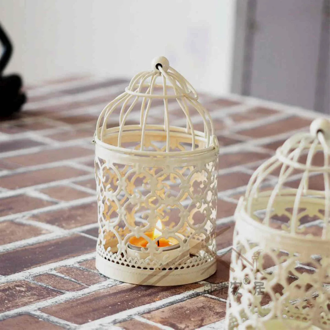 1pc Metal Hollow Candle Holder Tealight Candlestick Hanging Lantern Bird Cage White