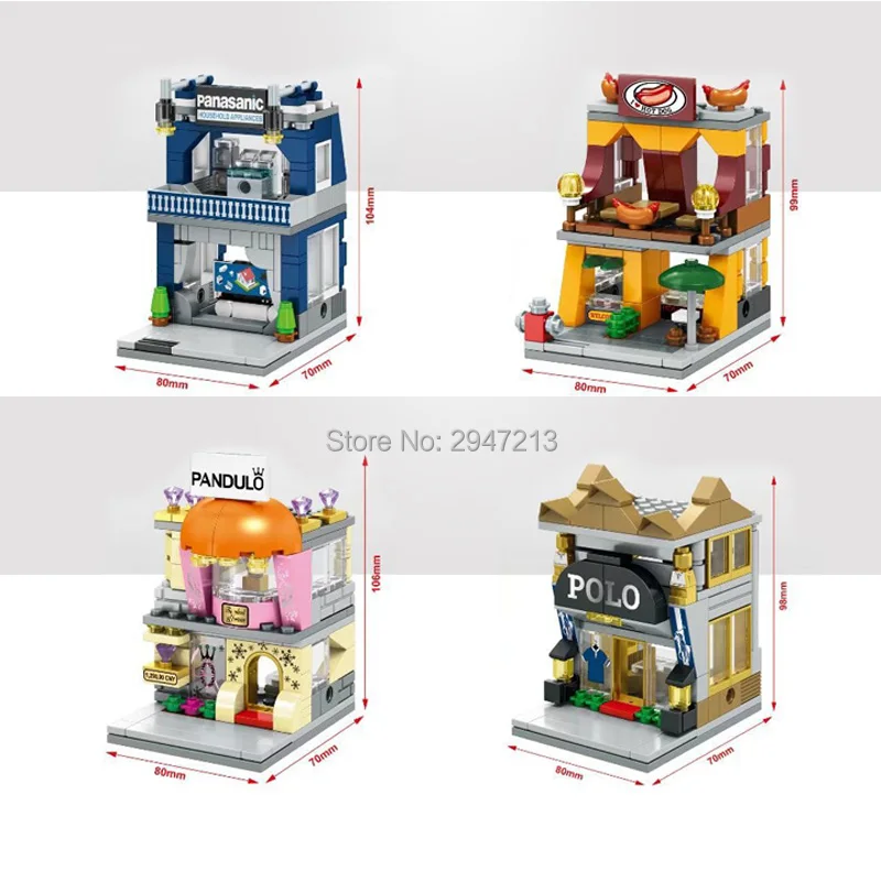 

hot compatible LegoINGlys city mini street view Building Blocks Panasonic Hot dog shop Famous brand jewelry store brick toys