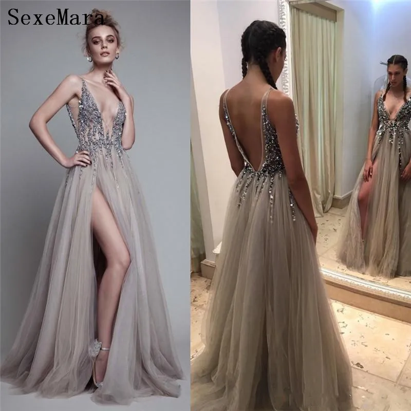 Sexy Beads Thigh Split Evening Dresses Plunging Neckline Backless Berta A Line Prom Gowns Floor Length 2019 New Party Dress
Sexy Beads Thigh Split Evening Dresses Plunging Neckline Backless Berta A Line Prom Gowns Floor Length 2019 New Party Dress