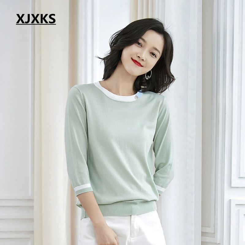 XJXKS Women Clothes 2019 High Quality Young Women T-shirt Summer New Knitting Round Neck 7/10 Sleeved T-shirt Women Thin Tops
XJXKS Women Clothes 2019 High Quality Young Women T-shirt Summer New Knitting Round Neck 7/10 Sleeved T-shirt Women Thin Tops