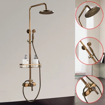 

Bathroom Antique Brass Rainfall Shower Faucets Set 8'' Dual Handle Mixer Tap Shower Shelf Swivel Tub Spout Bath Shower Commodity