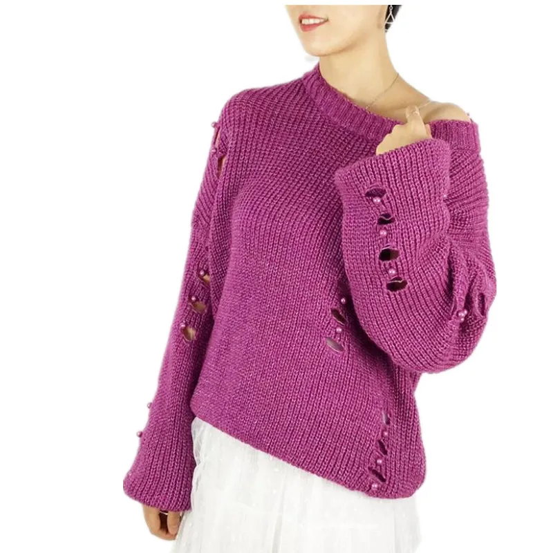 Женский свободный свитер с круглым вырезом и жемчужинами рукавами-фонариками