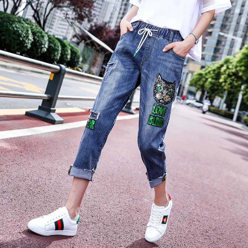 Real Shot New Elastic Waist Was Thin Nine Pants Women 2019 Spring and Summer Cartoon Sequins Hole Fashion Jeans Female Tide
Real Shot New Elastic Waist Was Thin Nine Pants Women 2019 Spring and Summer Cartoon Sequins Hole Fashion Jeans Female Tide