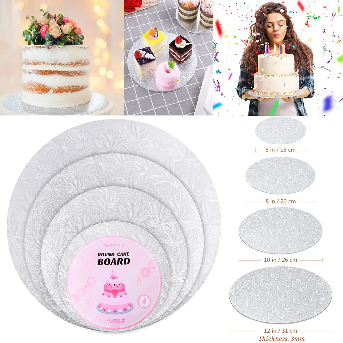 4PCS Round Cake Board Round Cake Circle Base With 3 Cake Scrapers Round Plate Board Turntable Silver Anti-Skid Circle Cardboard
4PCS Round Cake Board Round Cake Circle Base With 3 Cake Scrapers Round Plate Board Turntable Silver Anti-Skid Circle Cardboard