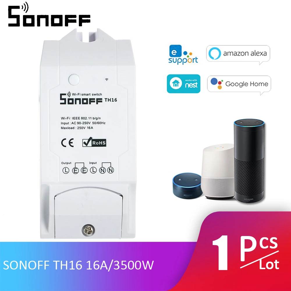

SONOFF TH16 16A/3500W Smart Wifi Switch Monitoring Temperature Humidity Wireless Home Automation Kit for Alexa Google Home/Nest