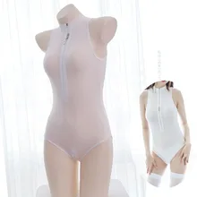 ジッパープラー透明氷の絹日本人学生 Sukumizu 水着ボディスーツオープンクロッチエロレオタードセクシーなワンピース(China)