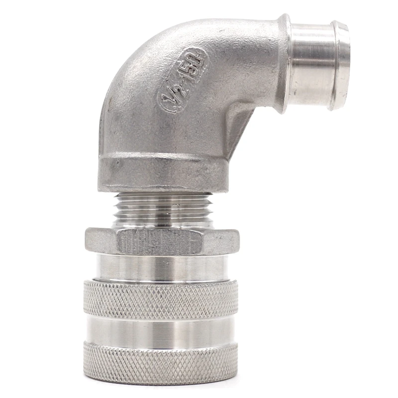 Stainless Female Quick Disconnect x 5/8" Barb 90 Bent, Full Port Brewer Hardware, Homebrew Fittings
Stainless Female Quick Disconnect x 5/8" Barb 90 Bent, Full Port Brewer Hardware, Homebrew Fittings