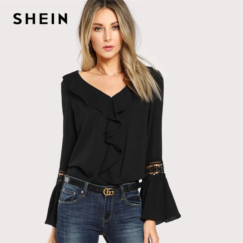 SHEIN Black Ruffle Neck Lace Insert Pleated Casual Top Women V Neck Flare Sleeve Plain Blouse 2018 Spring Elegant Blouse
SHEIN Black Ruffle Neck Lace Insert Pleated Casual Top Women V Neck Flare Sleeve Plain Blouse 2018 Spring Elegant Blouse
