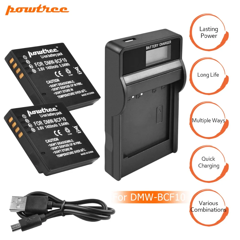 

2Packs DMW-BCF10 Li-ion Battery 3.6V 1400mAh+1Port Battery Charger with LED For Panasonic DMW-BCF10E DMW BCF10 BCF10 DMC-FS1 L20