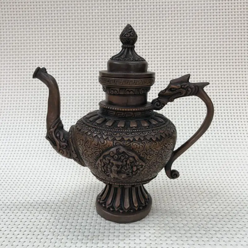 Фэн Шуй бронзовый античный фляга с ручкой дракона чайник старый медный горшок