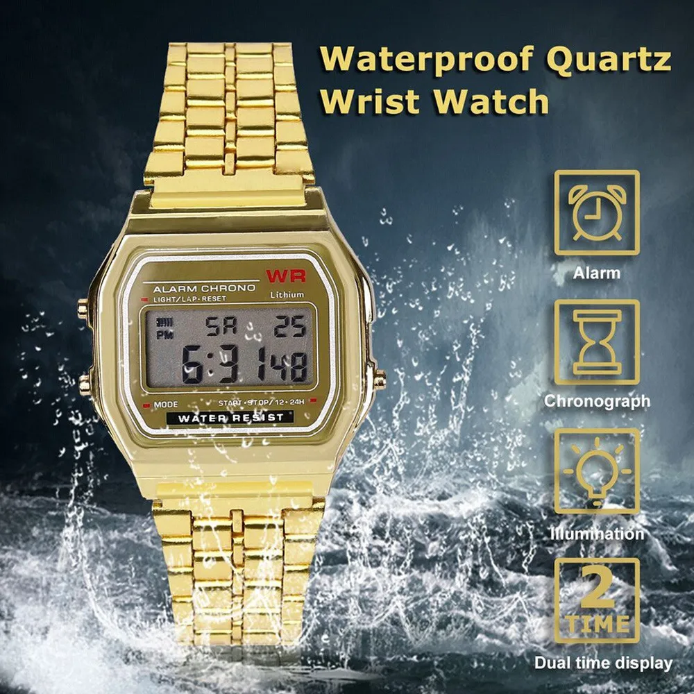 Светодиодные цифровые водонепроницаемые кварцевые наручные часы золотые для