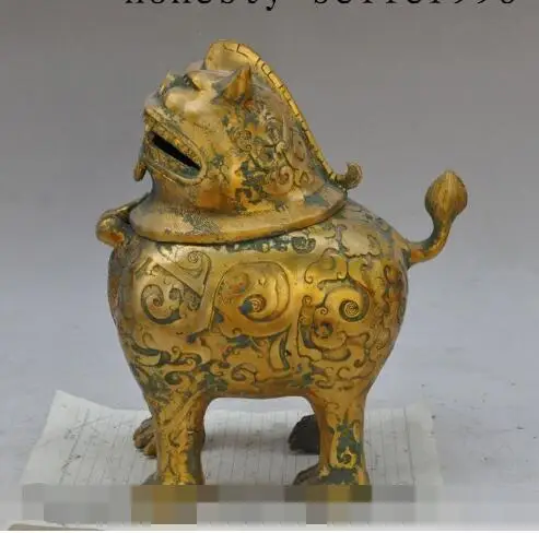 S01233 11"Antiques China palace Bronze Gilt foo dog beast statue incense burner Censer B0403