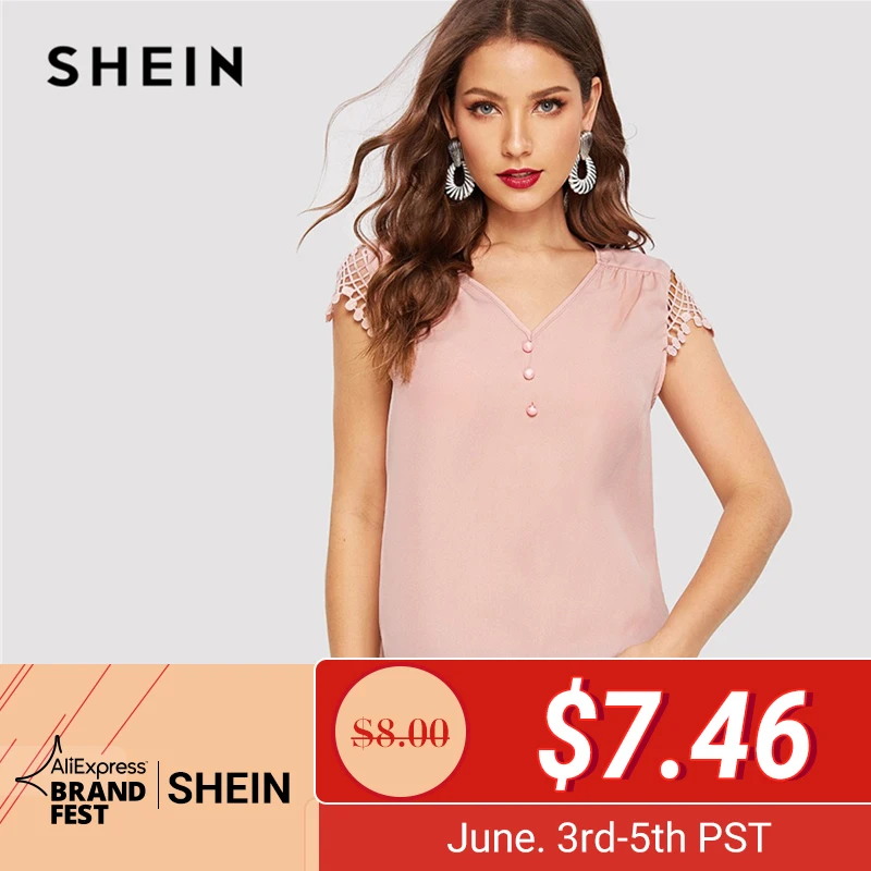 SHEIN Pink Half Placket Contrast Lace Cap Sleeve Button Plain Blouse Women Office Lady 2019 Spring Summer V Neck Top Blouses
SHEIN Pink Half Placket Contrast Lace Cap Sleeve Button Plain Blouse Women Office Lady 2019 Spring Summer V Neck Top Blouses