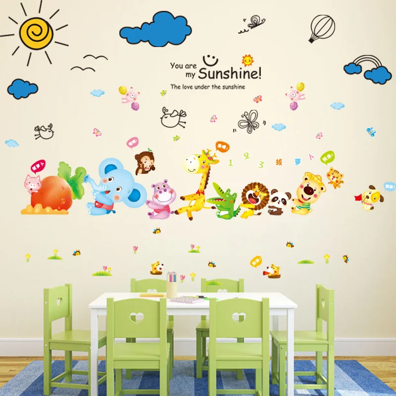 [SHIJUEHEZI] Elephant Giraffe Animals Wall Stickers DIY Cartoon Clouds Mural Decals for House Kids Rooms Baby Bedroom Decoration | Дом и сад