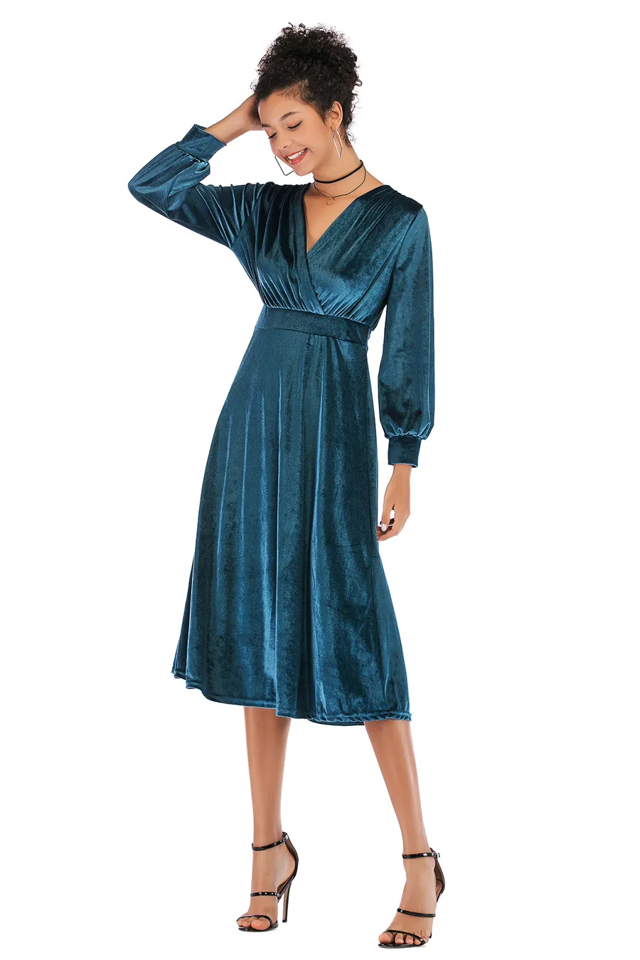 Gladiolus 2018 Autumn Winter Dress Women Long Sleeve V-Neck Tunic Swing Midi Sexy Gold Velvet Dress Women Evening Party Dresses (21)