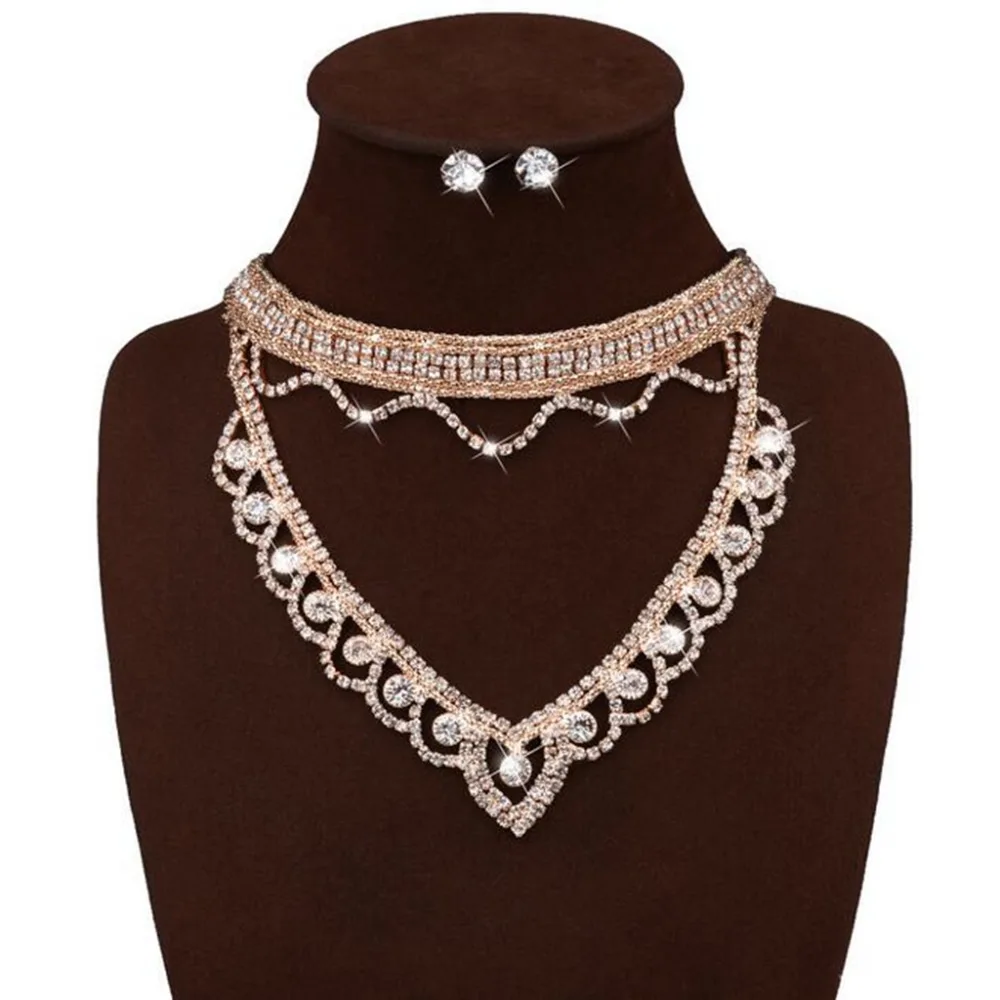 New Gorgeous Crystal Cluster Choker Bib Statement Short Pendant Necklace Earrings Women's Wedding Party Jewelry Set | Украшения и