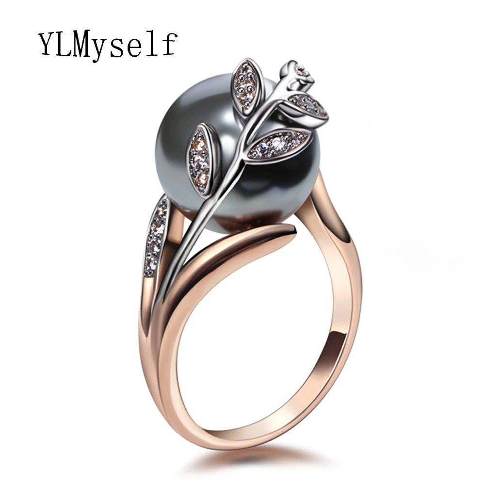 

Trendy hot ring with Gray Pearl and cubic zircon Women jewelry dropshipping anel anillos aneis femme statement leaf finger rings