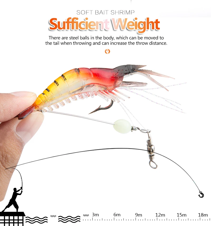 DONQL Soft Shrimp Fishing Lure 9cm5.6g Artificial Bait With Stainless Steel Wire Sharp Hooks Night Luminous Simulation Shrimp (7)