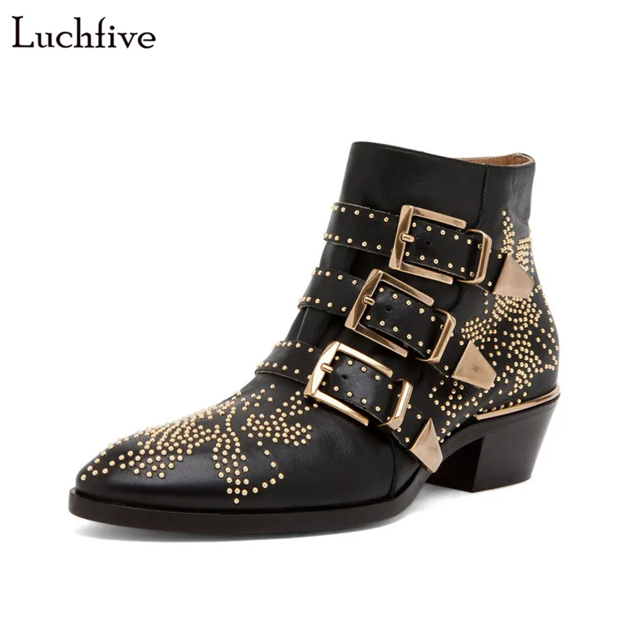 

Women Boots punk style rivets studded Ankle Boots Pointy toe side zipper Strap buckled Riding martin Booties Zapatos Mujer