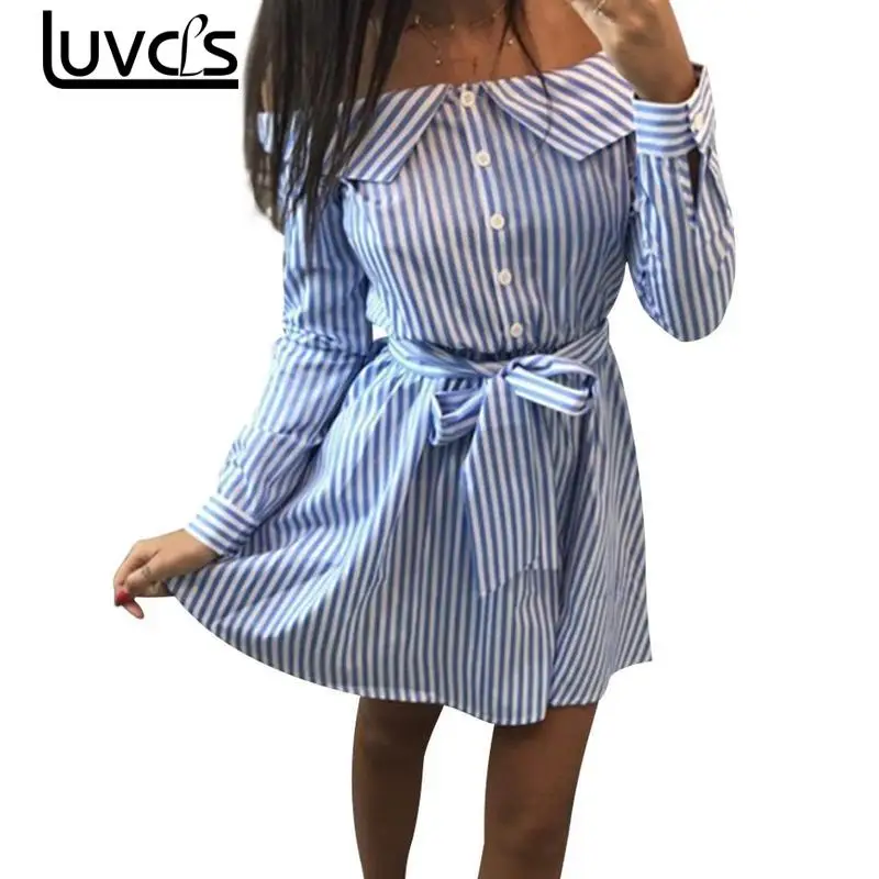 Casual Women Shirts Dress Elegant Off Shoulder Stripe Dresses Short Bow Ties Summer Dress
Casual Women Shirts Dress Elegant Off Shoulder Stripe Dresses Short Bow Ties Summer Dress