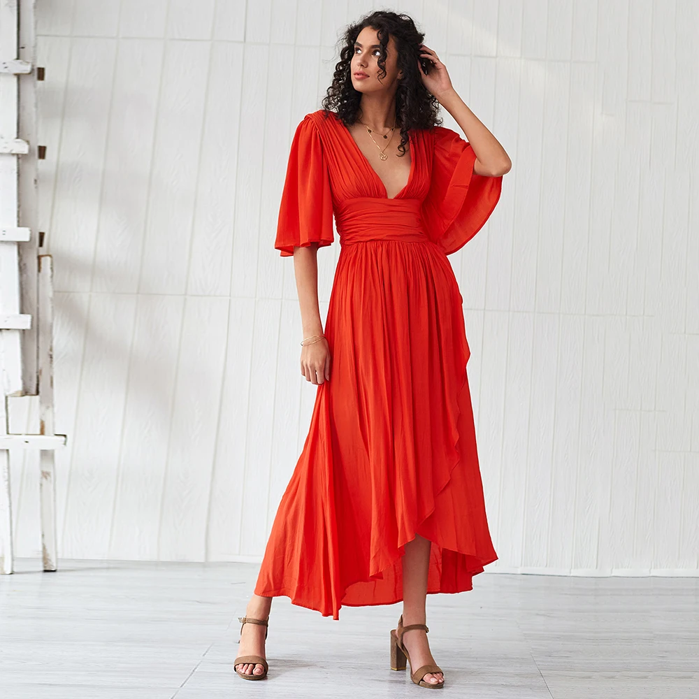 Women long dress beach wear Bohemian Style Sexy Solid Color Deep V-neck Backless Irregular ruched A-line holiday party Dress
Women long dress beach wear Bohemian Style Sexy Solid Color Deep V-neck Backless Irregular ruched A-line holiday party Dress