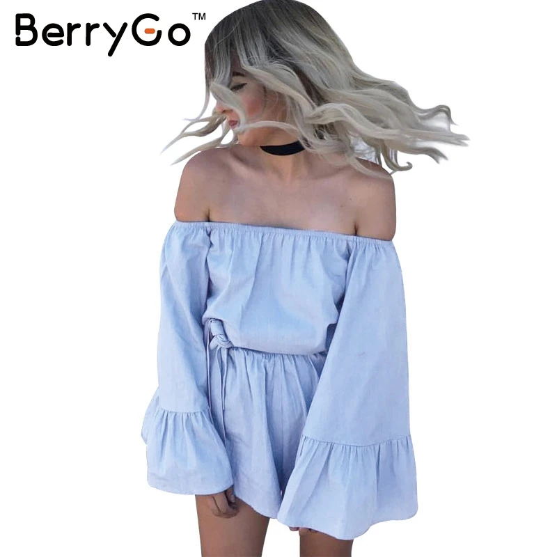BerryGo Flare sleeve off shoulder jumpsuit romper Elegant ruffle summer beach short playsuit Casual bow blue women overalls
BerryGo Flare sleeve off shoulder jumpsuit romper Elegant ruffle summer beach short playsuit Casual bow blue women overalls