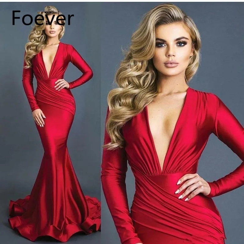 2019 Sexy Red Elastic Silk Like Satin Deep V-neck Mermaid Red Evening Dresses Ruched Long Sleeves Formal Prom Dress Vestidos
2019 Sexy Red Elastic Silk Like Satin Deep V-neck Mermaid Red Evening Dresses Ruched Long Sleeves Formal Prom Dress Vestidos
